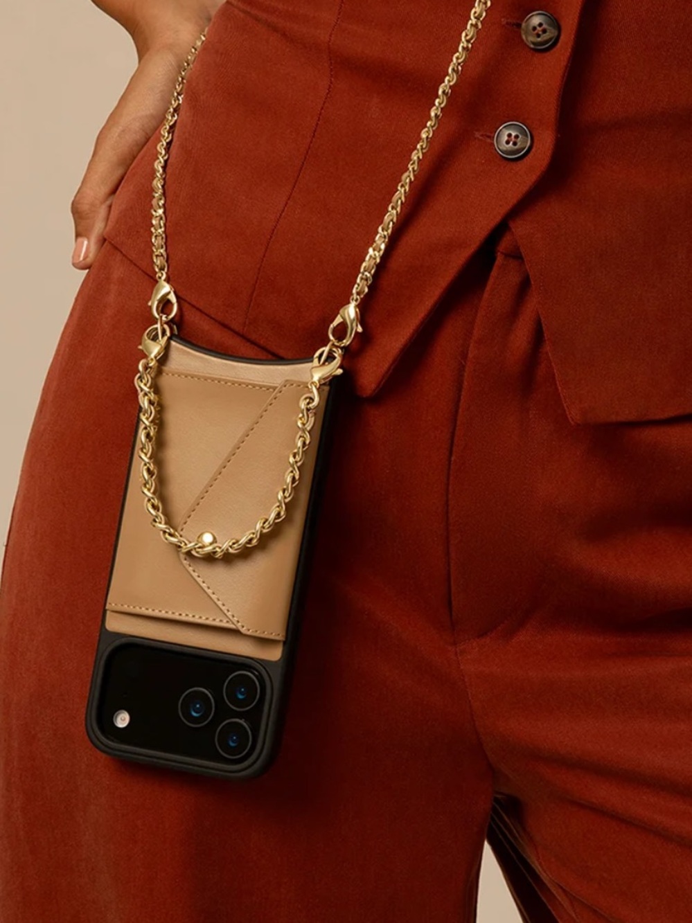Bandolier Lily IPhone 17 Pro Leather Phone Crossbody in Tan & Gold